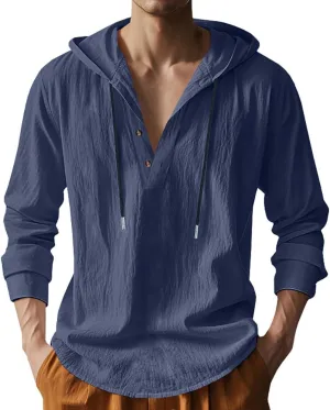 Mens Cotton Linen Hoodies Long Sleeve Button Down Shirts Casual Hawaiian Beach Yoga Sweatshirts