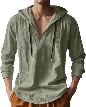 Mens Cotton Linen Hoodies Long Sleeve Button Down Shirts Casual Hawaiian Beach Yoga Sweatshirts