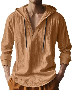 Mens Cotton Linen Hoodies Long Sleeve Button Down Shirts Casual Hawaiian Beach Yoga Sweatshirts