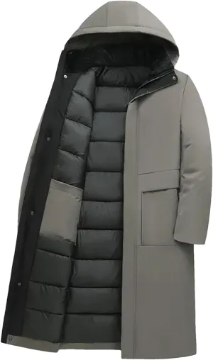 Men's Long Luxury Business Thickened Cotton Warm Parkas Snow Hooded Padded Coat Cold Weather