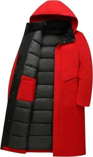 Men's Long Luxury Business Thickened Cotton Warm Parkas Snow Hooded Padded Coat Cold Weather