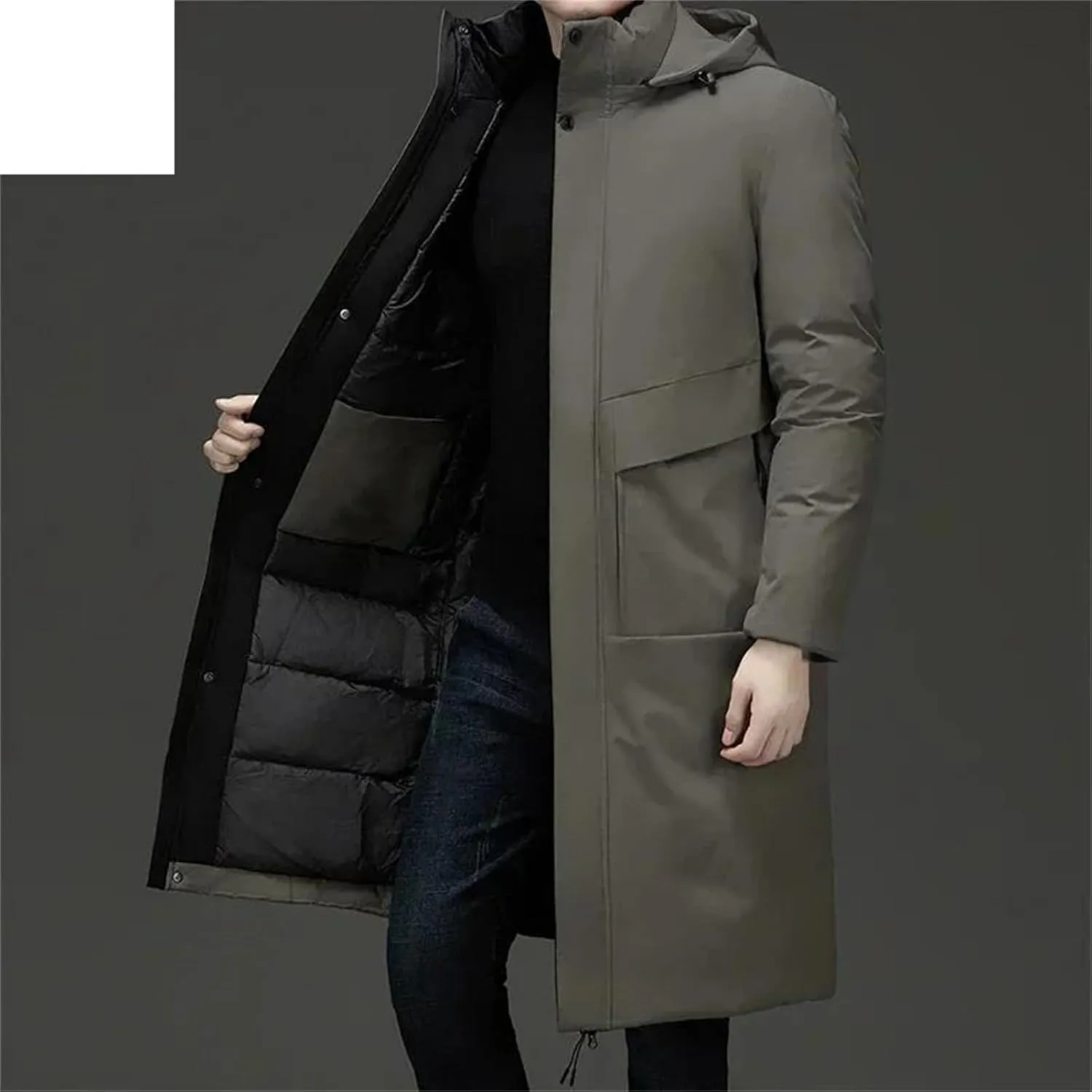 Men's Long Luxury Business Thickened Cotton Warm Parkas Snow Hooded Padded Coat Cold Weather