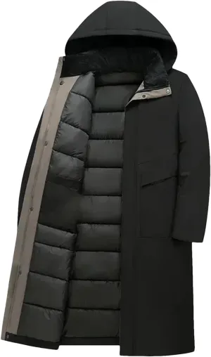 Men's Long Luxury Business Thickened Cotton Warm Parkas Snow Hooded Padded Coat Cold Weather