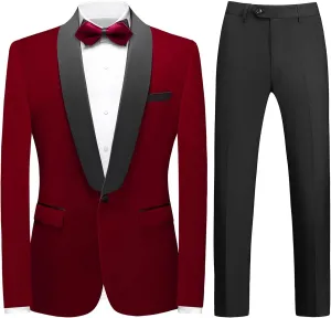 Mens Velvet Suits Slim Fit 2 Piece Tuxedo Suit for Men Solid One Button Shawl Lapel Blazer Jacket & Pants Set for Wedding