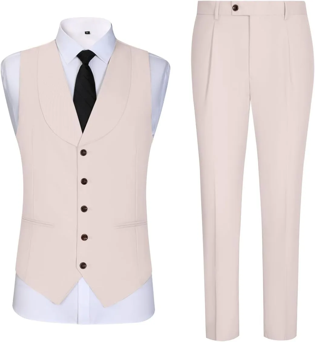 Mens Vest Pants Suits Set 2 Pieces Slim Fit Groomsmen Suit for Men Formal