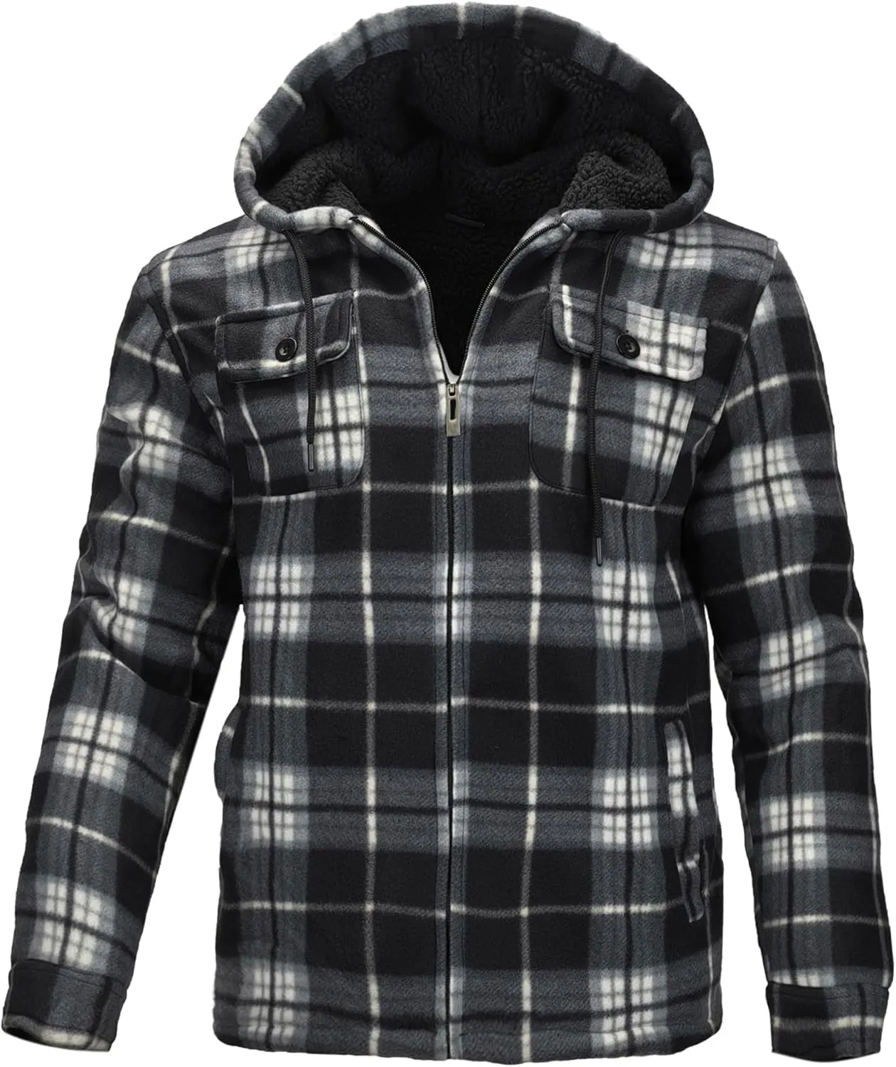 Mens Winter Zip Up Hoodie Sherpa Fleece Plaid Jacket Drawstring Flannel Warm Sweatshirts Thick Heavyweight Coat