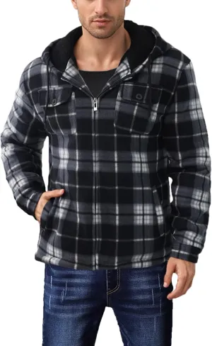 Mens Winter Zip Up Hoodie Sherpa Fleece Plaid Jacket Drawstring Flannel Warm Sweatshirts Thick Heavyweight Coat