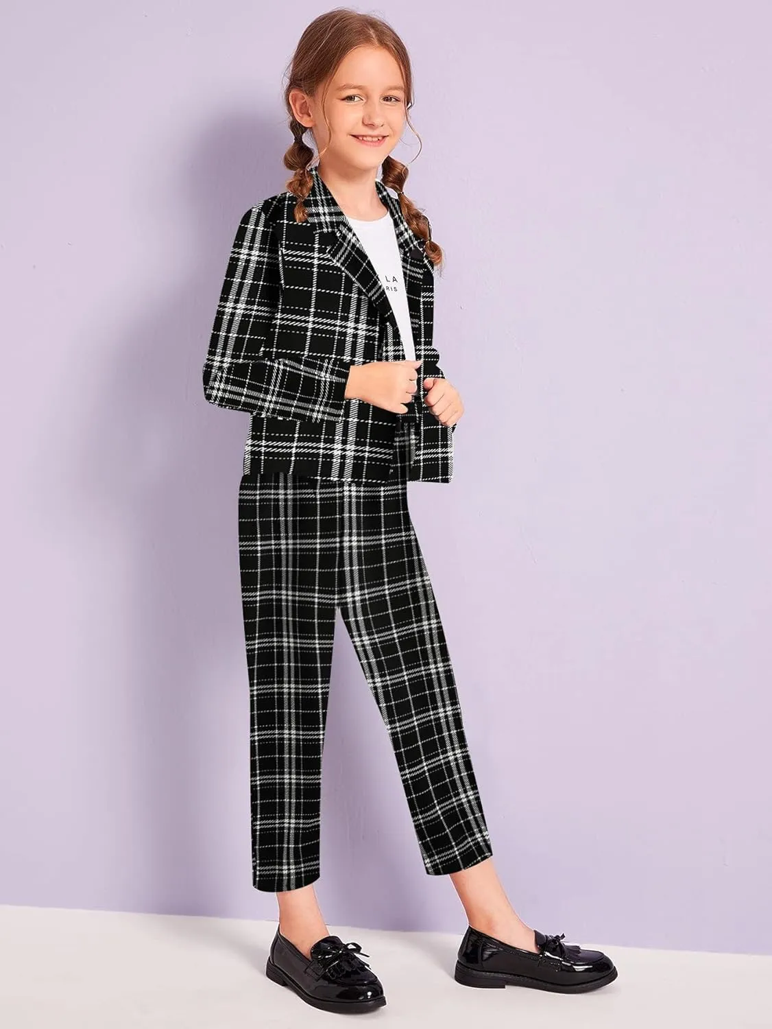 Milumia Girl's Two Piece Outfit Plaid Open Front Blazer and Pants Set
