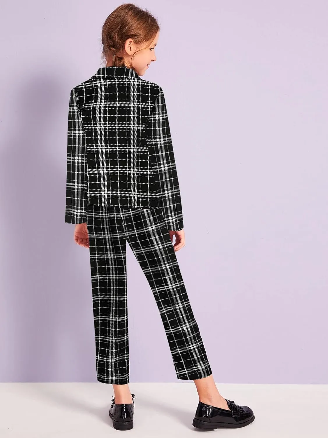 Milumia Girl's Two Piece Outfit Plaid Open Front Blazer and Pants Set