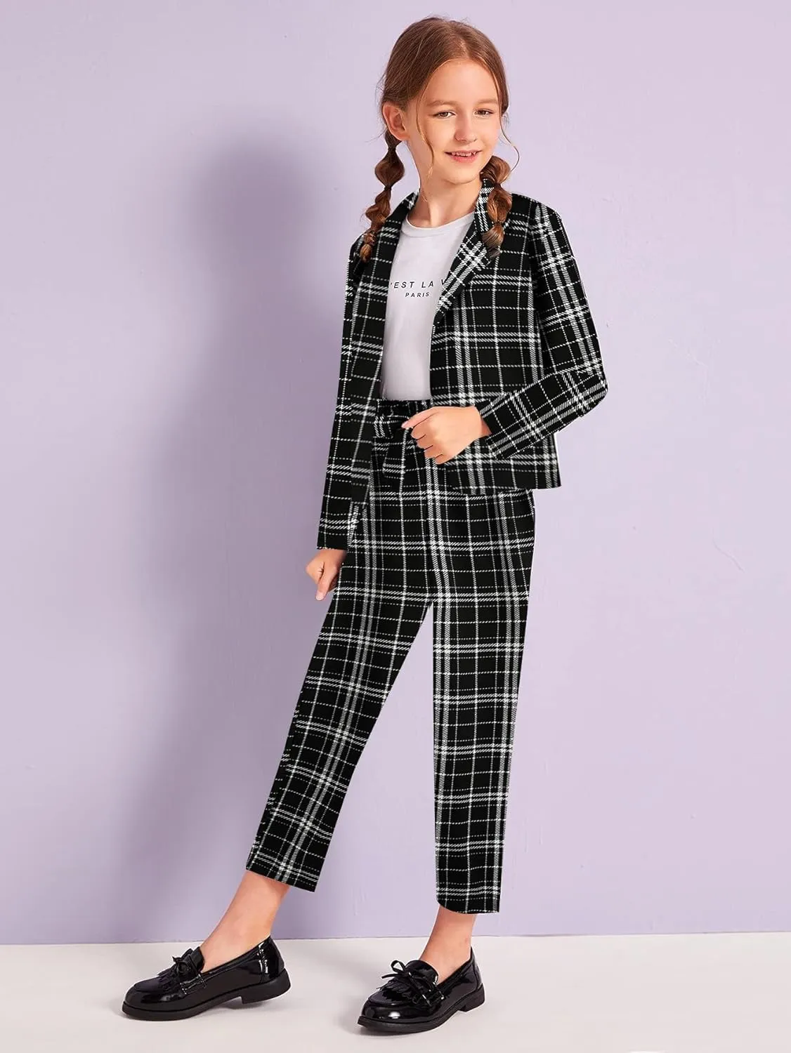Milumia Girl's Two Piece Outfit Plaid Open Front Blazer and Pants Set