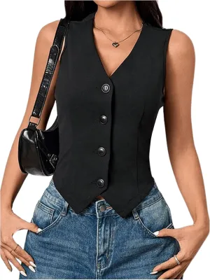 Milumia Women's Button Front Blazer Vest Sleeveless V Neck Asymmetrical Hem Tank Tops