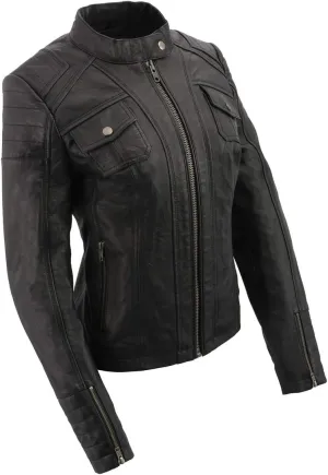 Milwaukee Leather SFL2806 Women's Quilted Black Mandarin Scuba Collar Fashion Casual Leather Jacket