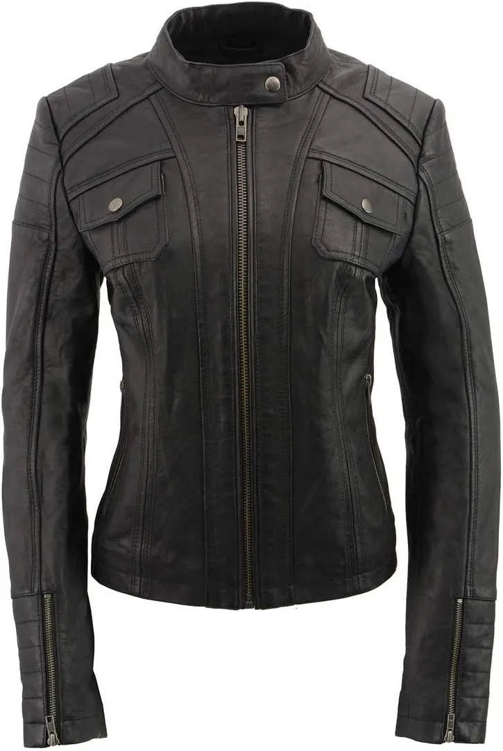 Milwaukee Leather SFL2806 Women's Quilted Black Mandarin Scuba Collar Fashion Casual Leather Jacket