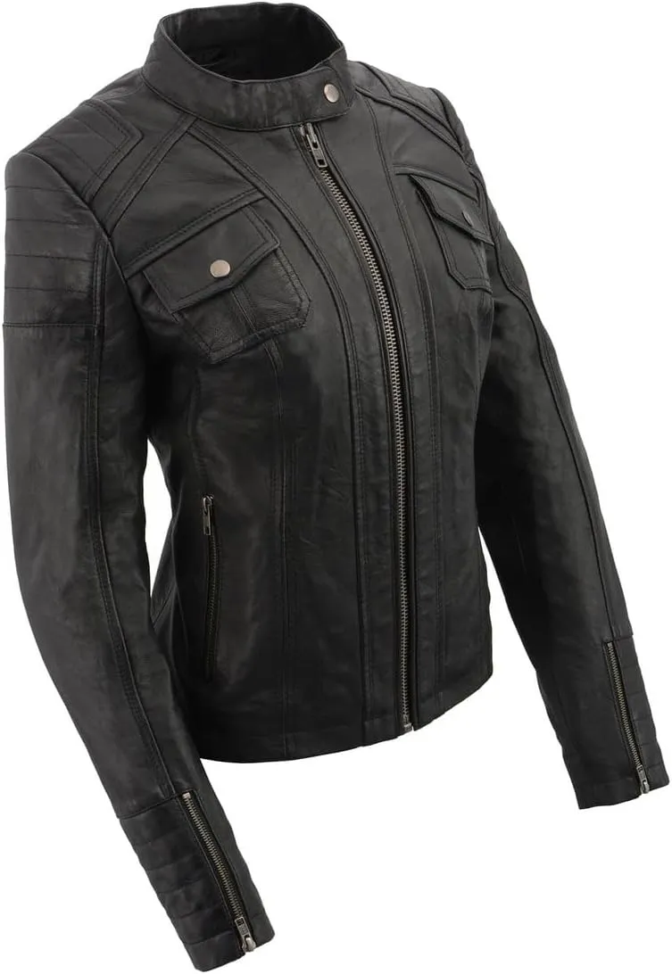 Milwaukee Leather SFL2806 Women's Quilted Black Mandarin Scuba Collar Fashion Casual Leather Jacket