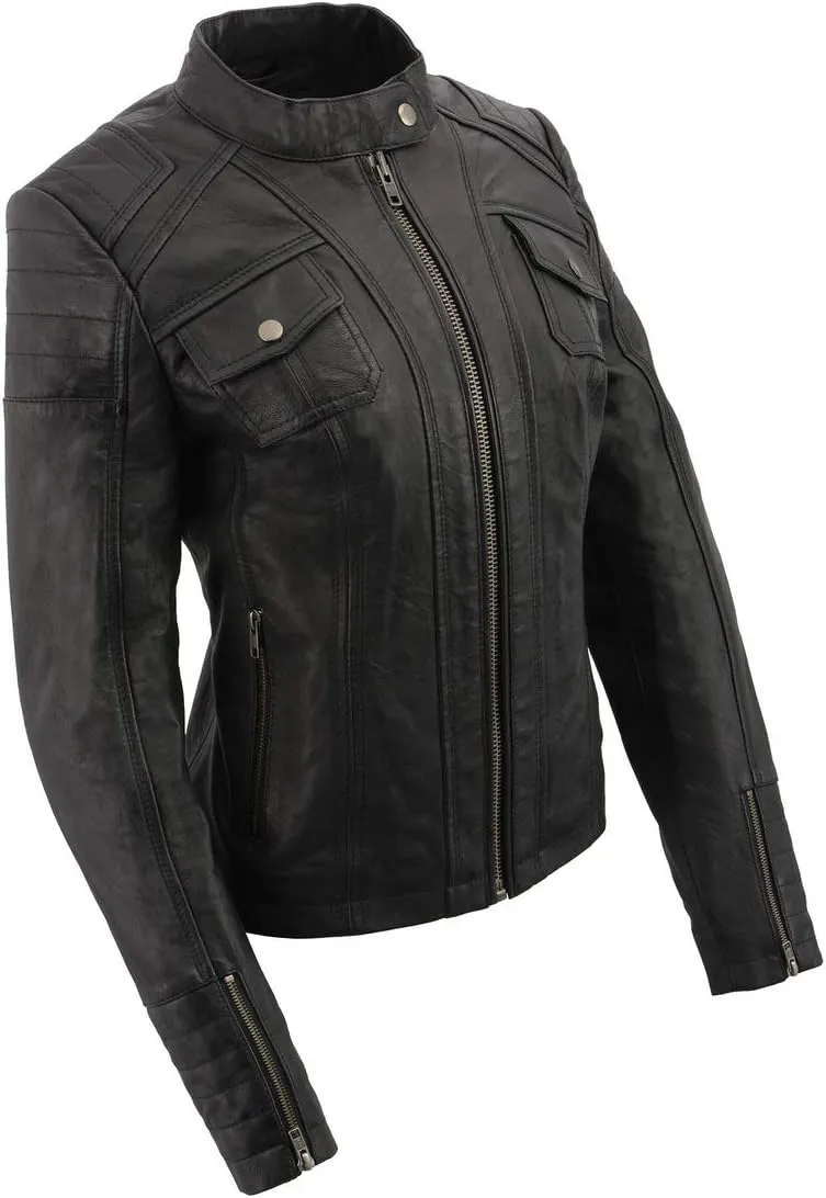 Milwaukee Leather SFL2806 Women's Quilted Black Mandarin Scuba Collar Fashion Casual Leather Jacket