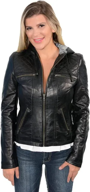 Milwaukee Leather SFL2810 Women's Black Scuba Style Fashion Leather Jacket with Drawstring and Hoodie