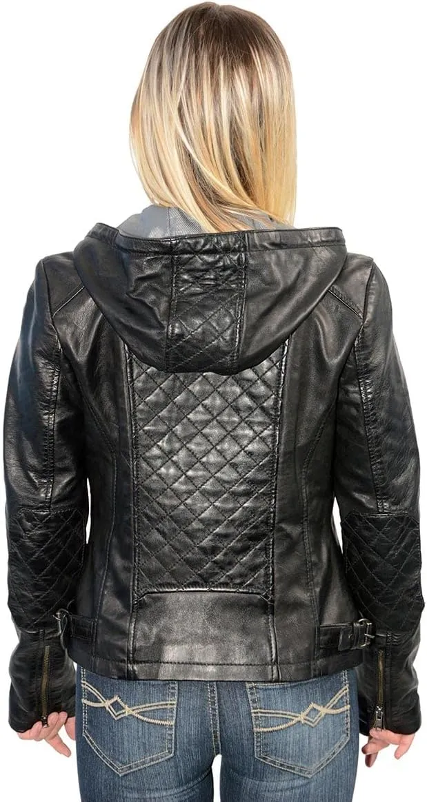 Milwaukee Leather SFL2810 Women's Black Scuba Style Fashion Leather Jacket with Drawstring and Hoodie