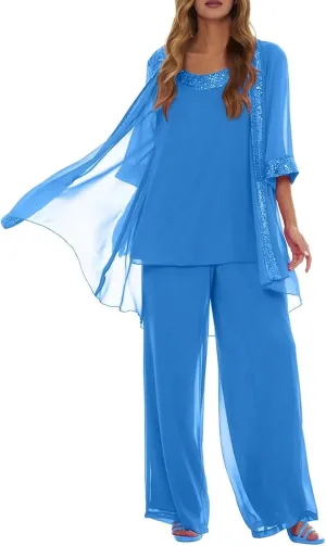 Mother of Bride Pant Suits 3Pcs Chiffon Sequins Wedding Pant Suits for Women Dressy Wedding with Jacket