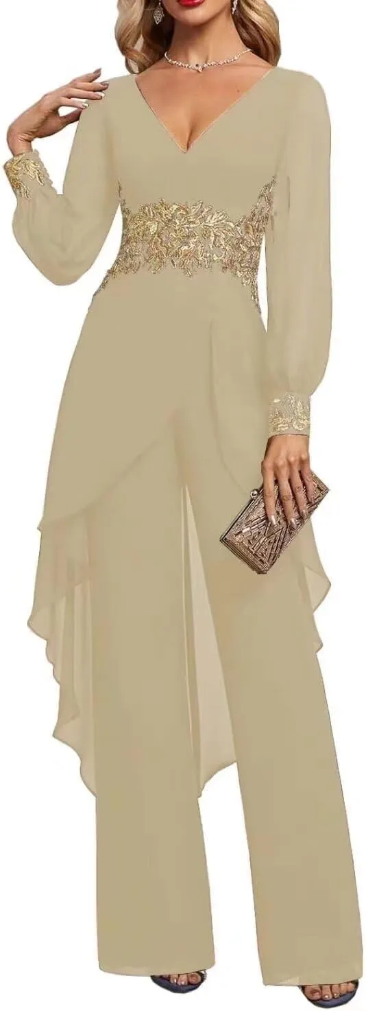 Mother of The Bride Pant Suits 2 Pieces Chiffon Wedding Outfit for Women Dressy Formal Dresses