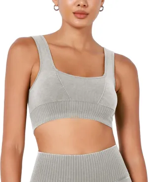 ODODOS Seamless Square Neck Sports Bra for Women Ribbed Crop Tank Casual Low Back Cropped Tops