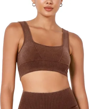 ODODOS Seamless Square Neck Sports Bra for Women Ribbed Crop Tank Casual Low Back Cropped Tops