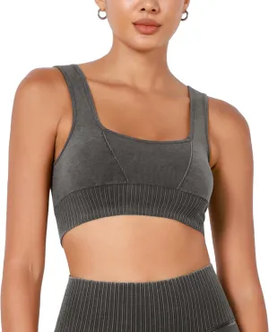 ODODOS Seamless Square Neck Sports Bra for Women Ribbed Crop Tank Casual Low Back Cropped Tops