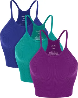 ODODOS Women's Crop 3-Pack Seamless Rib-Knit Camisole Crop Tank Tops