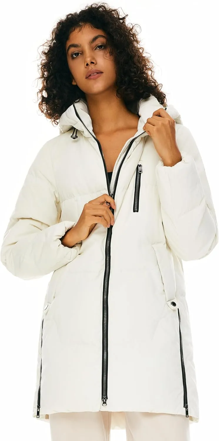 Orolay Women's Stylish Down Hooded Jacket with Two-Way Zipper Winter Down Coat Puffer Jacket A-line Coat