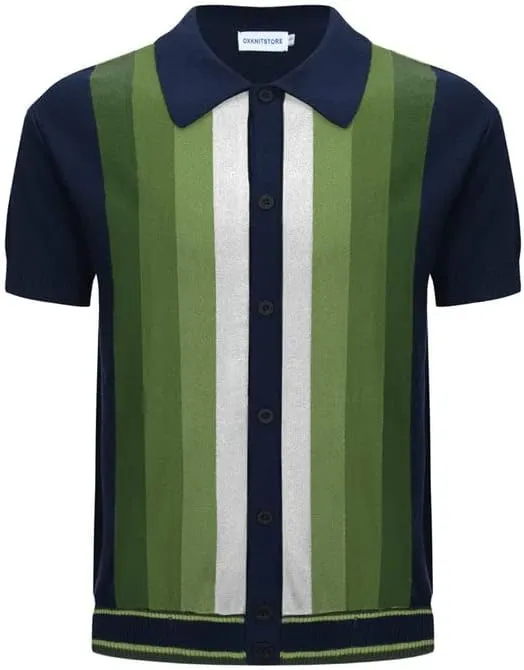 OXKNIT Mens Knitted Vintage Polo, Gradient Stripe Short Sleeve Retro Polo Shirt for Men 60s&70s