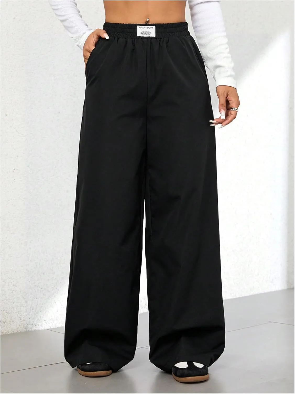 OYOANGLE Women's Elastic High Waist Loose Pants Wide Leg Casual Baggy Trousers with Pockets