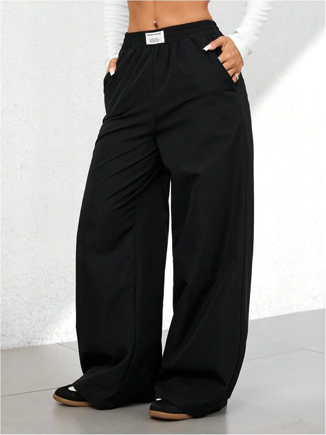 OYOANGLE Women's Elastic High Waist Loose Pants Wide Leg Casual Baggy Trousers with Pockets