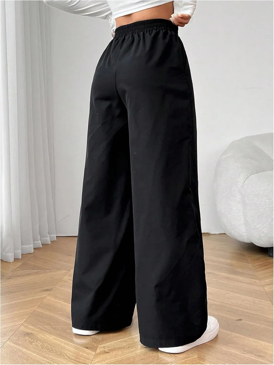 OYOANGLE Women's Elastic High Waist Loose Pants Wide Leg Casual Baggy Trousers with Pockets