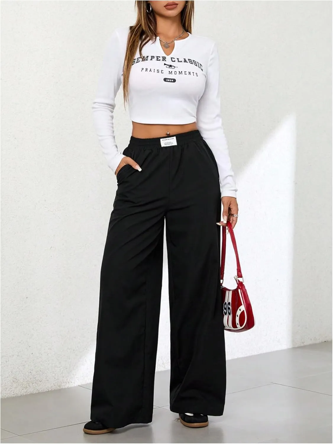 OYOANGLE Women's Elastic High Waist Loose Pants Wide Leg Casual Baggy Trousers with Pockets