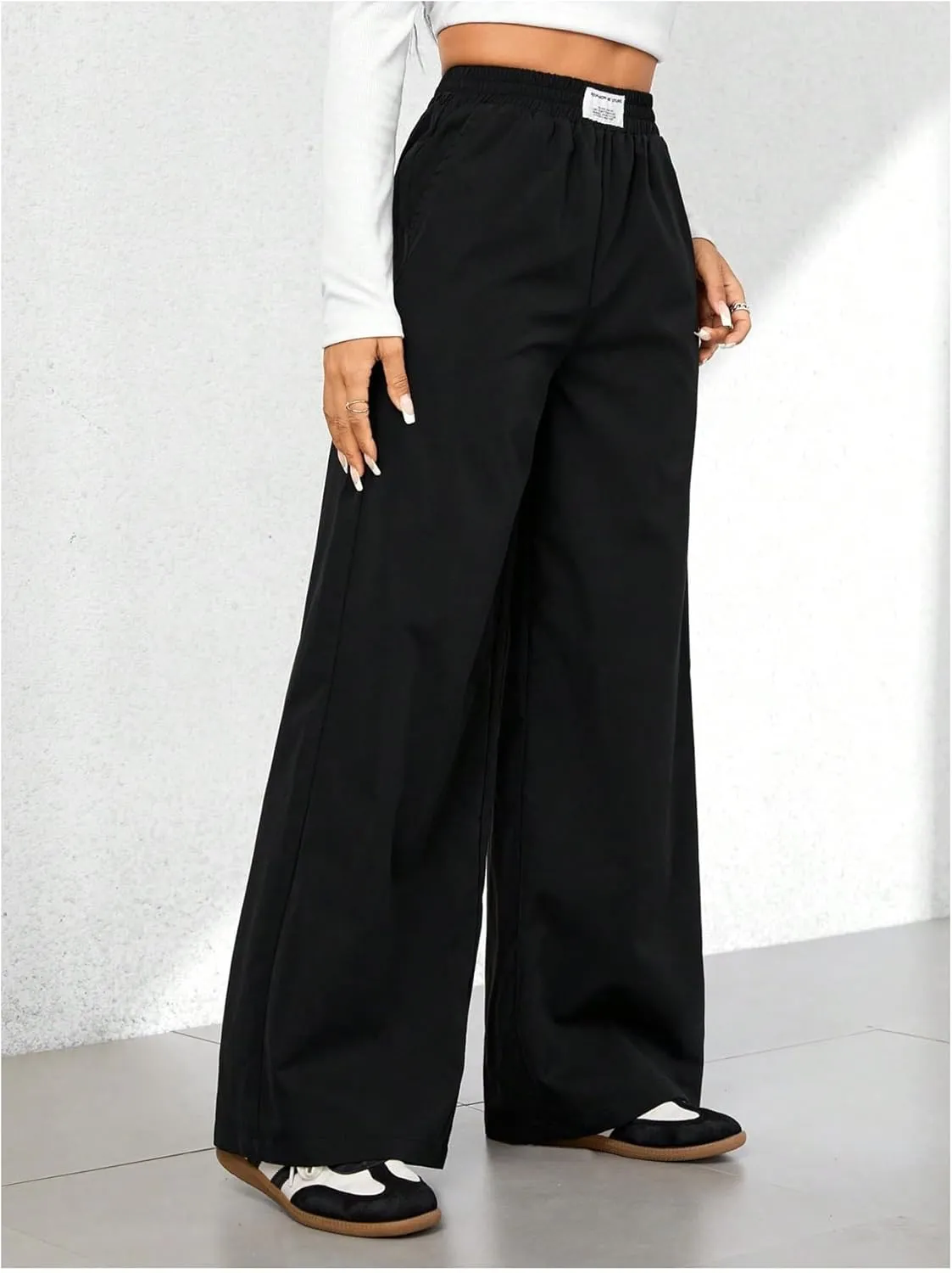 OYOANGLE Women's Elastic High Waist Loose Pants Wide Leg Casual Baggy Trousers with Pockets