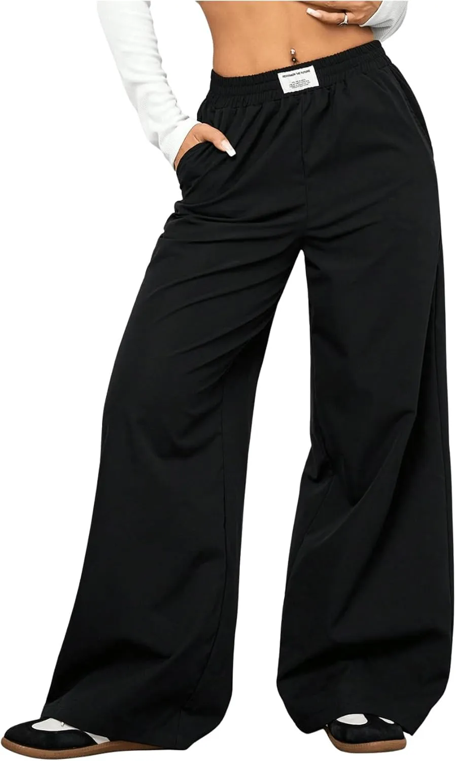 OYOANGLE Women's Elastic High Waist Loose Pants Wide Leg Casual Baggy Trousers with Pockets