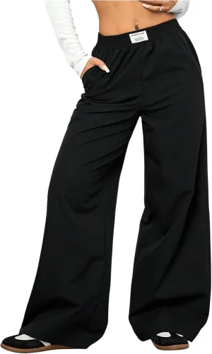 OYOANGLE Women's Elastic High Waist Loose Pants Wide Leg Casual Baggy Trousers with Pockets