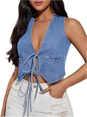OYOANGLE Women's Tie Front Crop Denim Vest Y2K Sleeveless Jean Tank Tops Streetwear