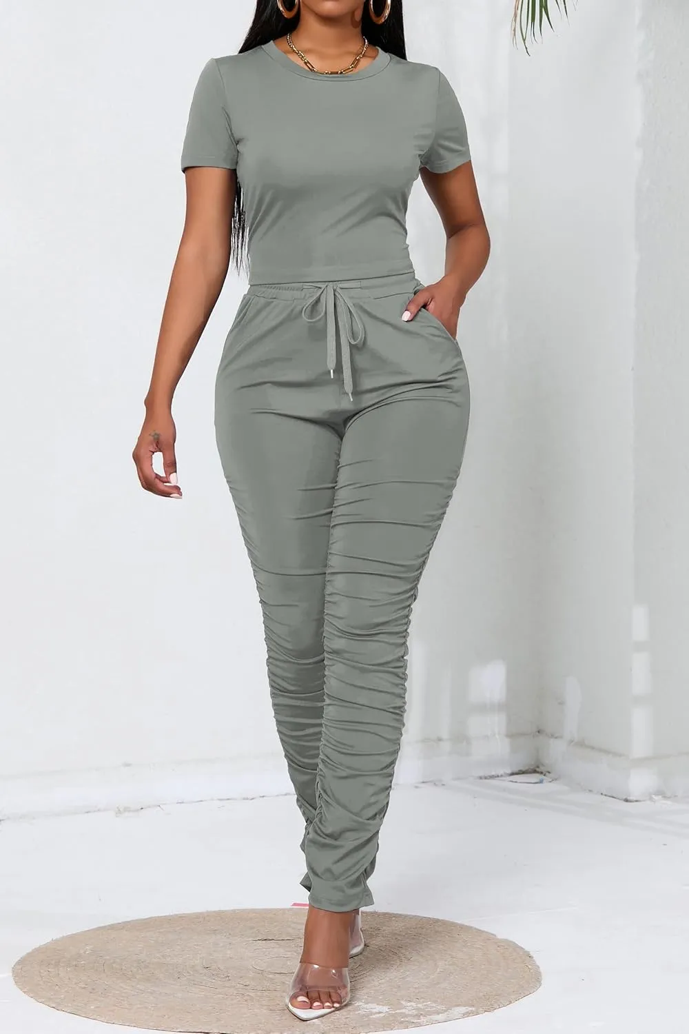 PINSV Women's 2 Piece Outfits Bodycon Lounge Wear Crop Top Stacked Pants Going Out Jogging Tracksuit Sets