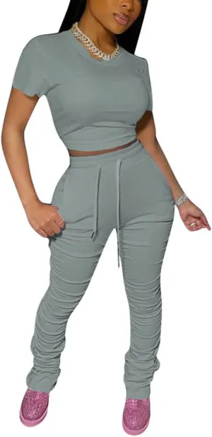 PINSV Women's 2 Piece Outfits Bodycon Lounge Wear Crop Top Stacked Pants Going Out Jogging Tracksuit Sets