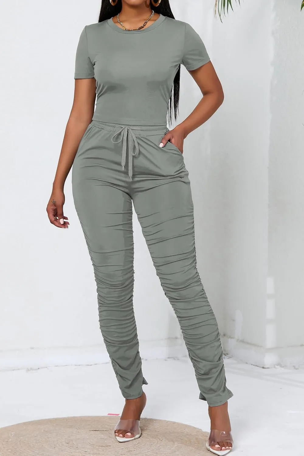 PINSV Women's 2 Piece Outfits Bodycon Lounge Wear Crop Top Stacked Pants Going Out Jogging Tracksuit Sets