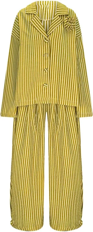 Plus Size Womens Pajama Sets 2 Piece Sleepwear Pjs Set Long Sleeve Button Down Top and Pants Stripe Loungewear Sets