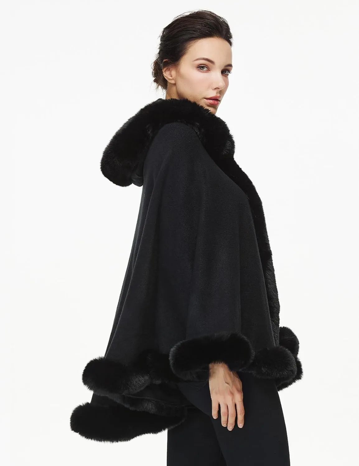 Poncho Hooded Shawl Wrap Women Cape Winter Faux Fur Trim Coat Sleeveless Cardigan Dressy Cloak for Party