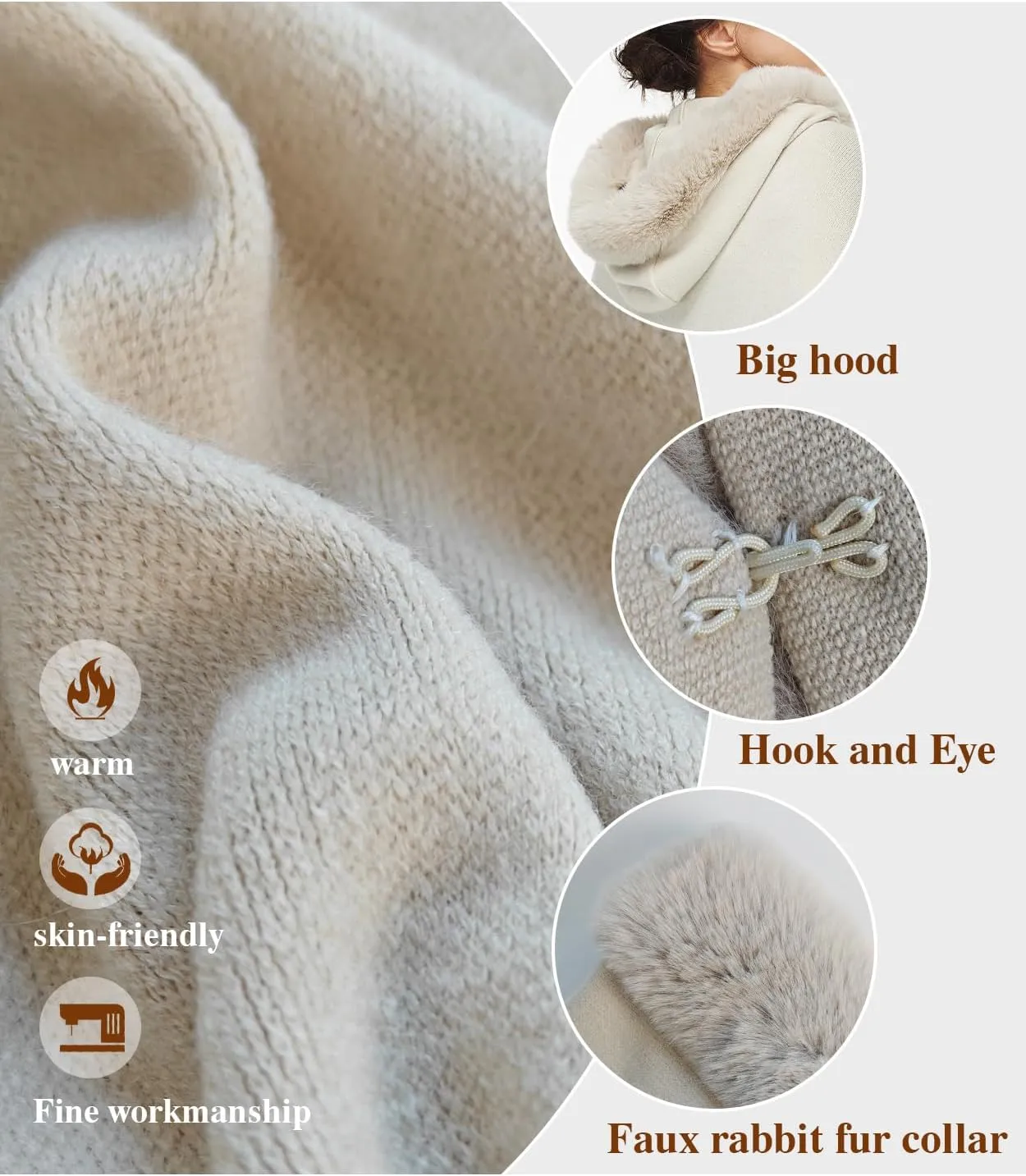 Poncho Hooded Shawl Wrap Women Cape Winter Faux Fur Trim Coat Sleeveless Cardigan Dressy Cloak for Party