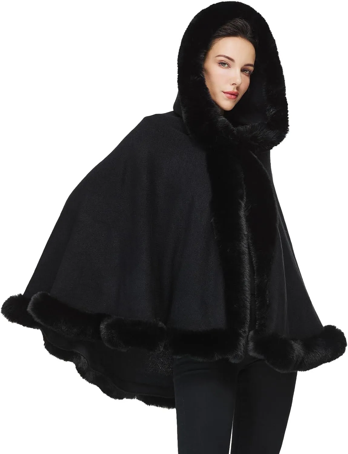 Poncho Hooded Shawl Wrap Women Cape Winter Faux Fur Trim Coat Sleeveless Cardigan Dressy Cloak for Party