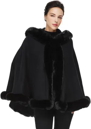 Poncho Hooded Shawl Wrap Women Cape Winter Faux Fur Trim Coat Sleeveless Cardigan Dressy Cloak for Party