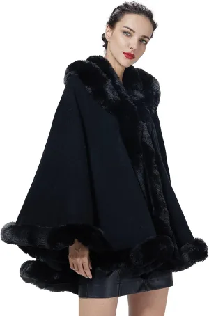Poncho Hooded Shawl Wrap Women Cape Winter Faux Fur Trim Coat Sleeveless Cardigan Dressy Cloak for Party