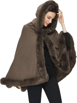 Poncho Hooded Shawl Wrap Women Cape Winter Faux Fur Trim Coat Sleeveless Cardigan Dressy Cloak for Party