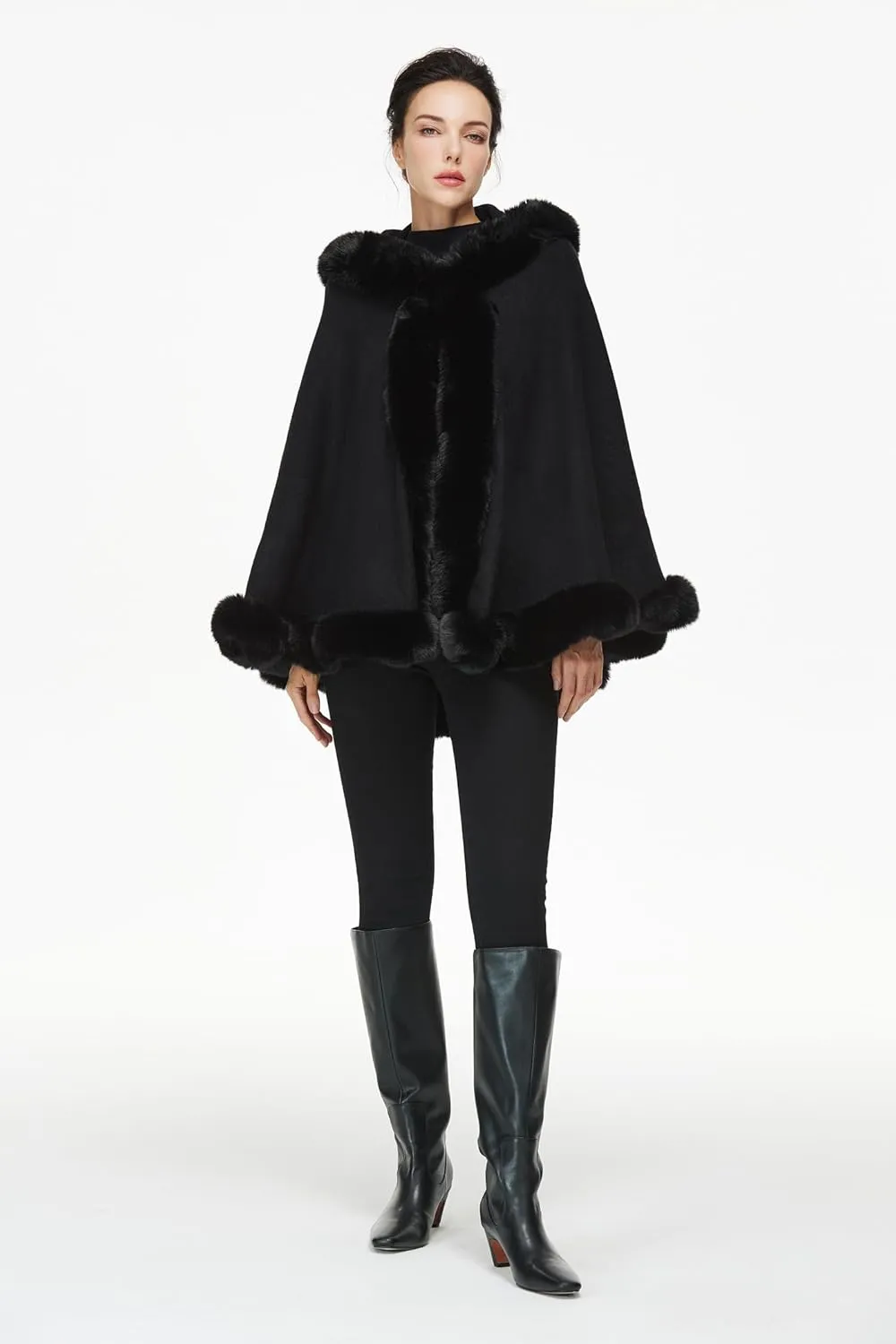 Poncho Hooded Shawl Wrap Women Cape Winter Faux Fur Trim Coat Sleeveless Cardigan Dressy Cloak for Party
