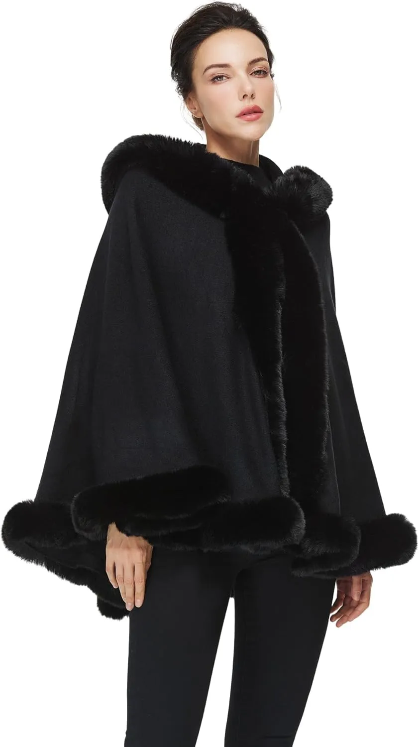 Poncho Hooded Shawl Wrap Women Cape Winter Faux Fur Trim Coat Sleeveless Cardigan Dressy Cloak for Party