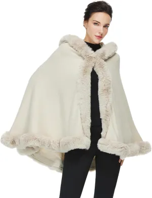 Poncho Hooded Shawl Wrap Women Cape Winter Faux Fur Trim Coat Sleeveless Cardigan Dressy Cloak for Party